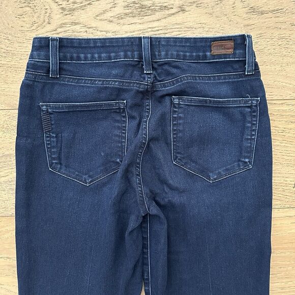 PAIGE Womens High Rise Bell Canyon Flare Leg Jeans Blue Dark Wash Frayed Size 29 - Picture 10 of 16